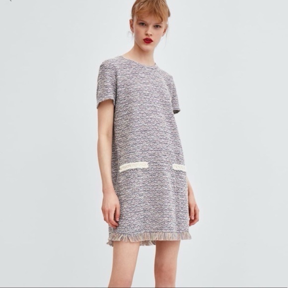 ZARA Tweed Shift Dress in Light Gray